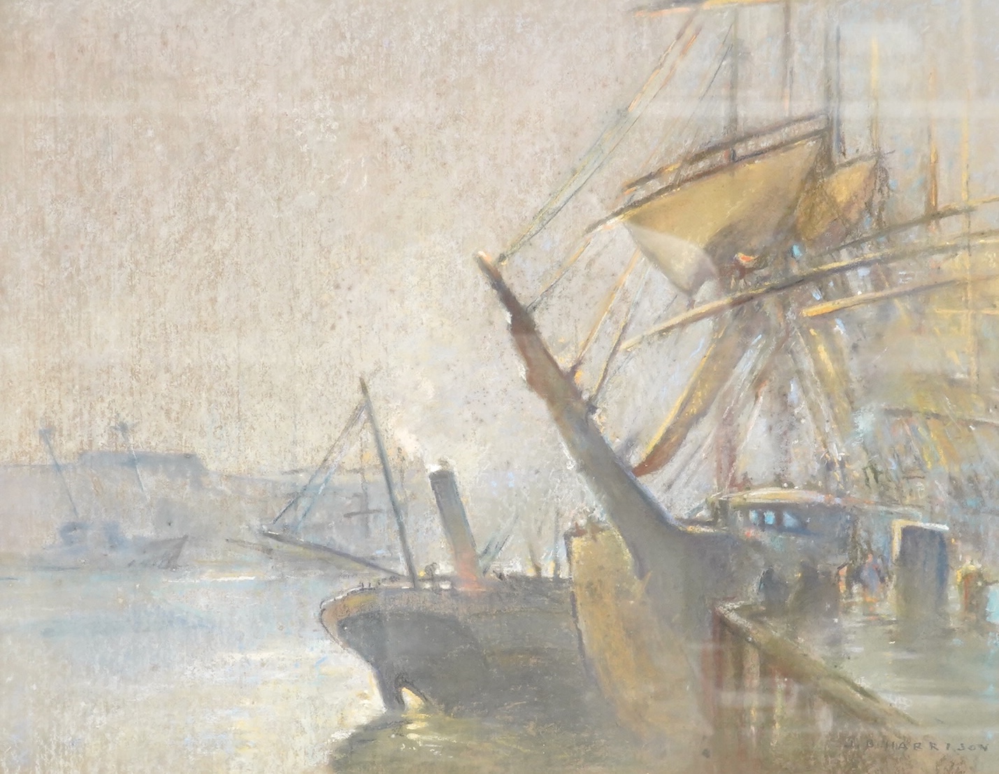 John Brown Harrison (1876-1958), 'Early Morning, Whitby Harbour', signed, exhibition label verso, pastel, 41 x 53cm